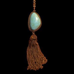 Long Pendant Necklace Faux Turquoise Stone Chain Tassel Gold/Brass Tone 35"